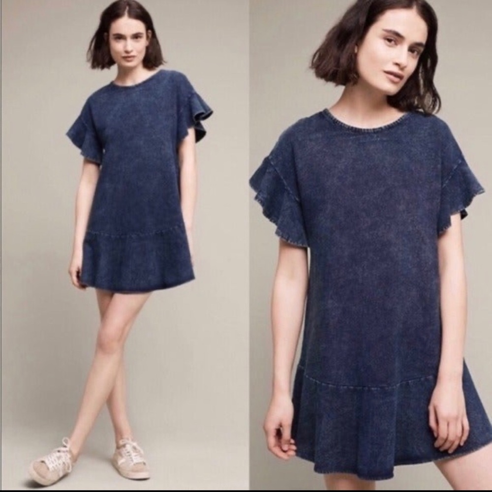 Saturday Sunday Anthropologie Odette Ruffle Sleeve Mini Dress Indigo Washed